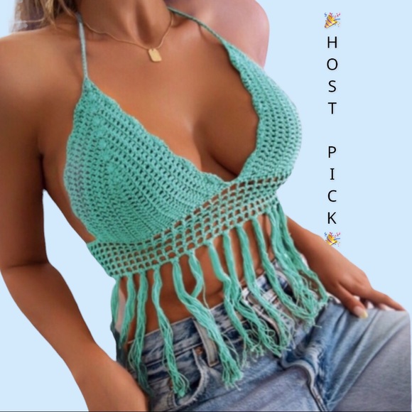 Tops - Mint Blue Fringe Hem Crochet Tie Top